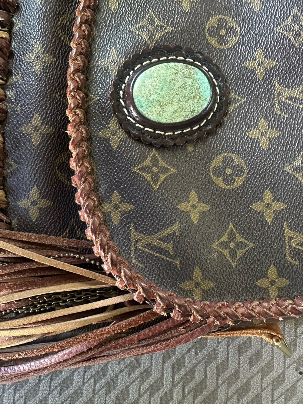Louis Vuitton Brown Monogram Fringe Crossbody with genuine Turquoise Accent - Picture 4 of 12